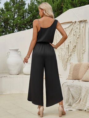 2025 Summer Women's Solid Color Suspender Waist Wide Leg Jumpsuit Elegant High Waist Solid Color Loose Ladies Long Jumpsuit