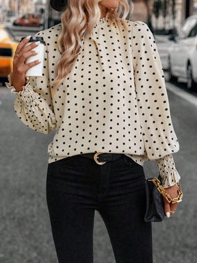 Spot Women's Clothing New Style Ruffled Polka Dot Printed Bubble Sleeves Temperament Women's Shirt