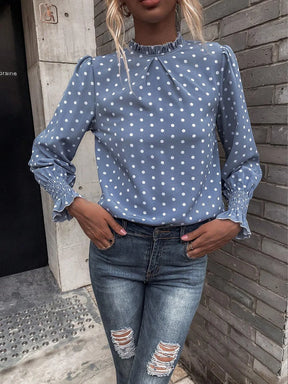 Spot Women's Clothing New Style Ruffled Polka Dot Printed Bubble Sleeves Temperament Women's Shirt