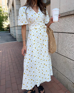 Casual Women's Summer Dresses 100% Cotton Floral Print A-line Midi Dress with Side Slits Long Elegant White Dress for Women 2025