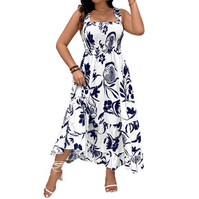 Plus Size 2025 Summer New Holiday Floral Halter Dress with Ruffle Hem and Gathered Bust Plus Size Dress Polyester