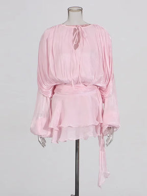 TWOTWINSTYLE Solid Blouse Mini Dresses For Women V Neck Long Sleeve Spliced Lace Up Sweet Style Dress Female Clothing Fashion