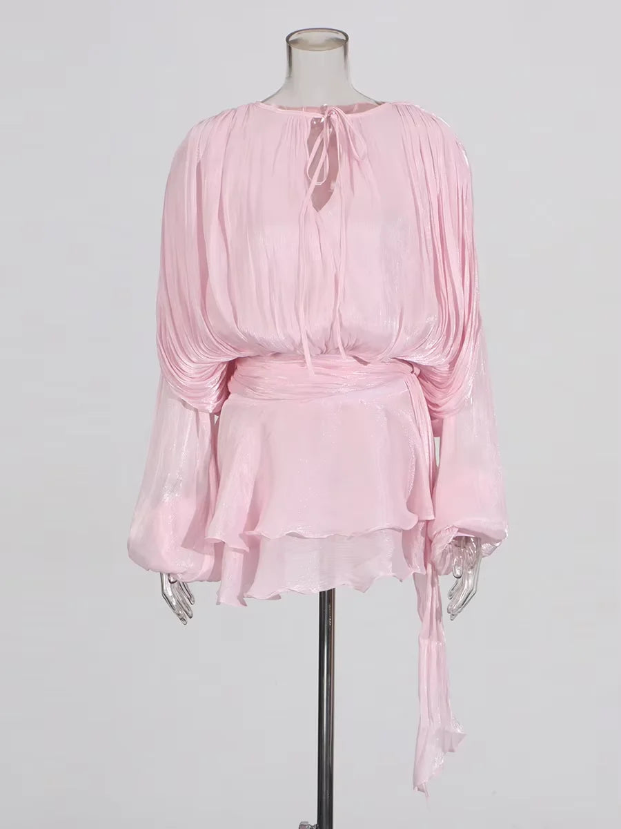 TWOTWINSTYLE Solid Blouse Mini Dresses For Women V Neck Long Sleeve Spliced Lace Up Sweet Style Dress Female Clothing Fashion