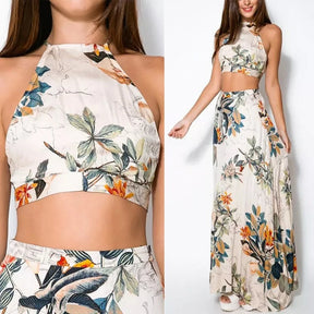 Women's Summer Strap Hanging Neck Bra+Half length Floor Sweeping Long Dress Sexy Fashion Two Piece Set