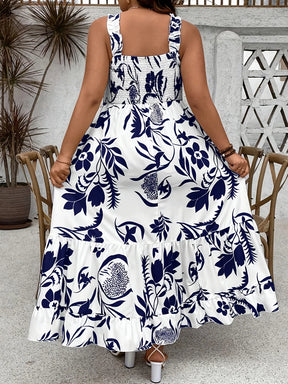 Plus Size 2025 Summer New Holiday Floral Halter Dress with Ruffle Hem and Gathered Bust Plus Size Dress Polyester