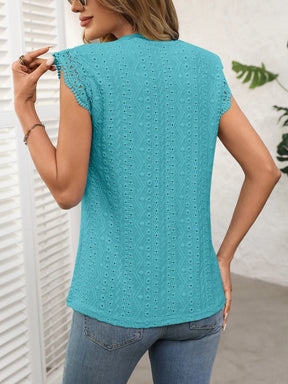 Solid Color Round Neck Short Sleeve Lace Spliced hollow T-shirt for Women