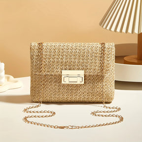 Woven Straw Handwoven Women's Shoulder Bag, Fashion Solid Color Crossbody Purse with Lock Closure