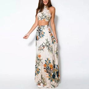 Women's Summer Strap Hanging Neck Bra+Half length Floor Sweeping Long Dress Sexy Fashion Two Piece Set
