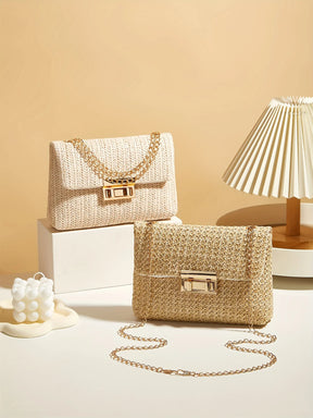 Woven Straw Handwoven Women's Shoulder Bag, Fashion Solid Color Crossbody Purse with Lock Closure