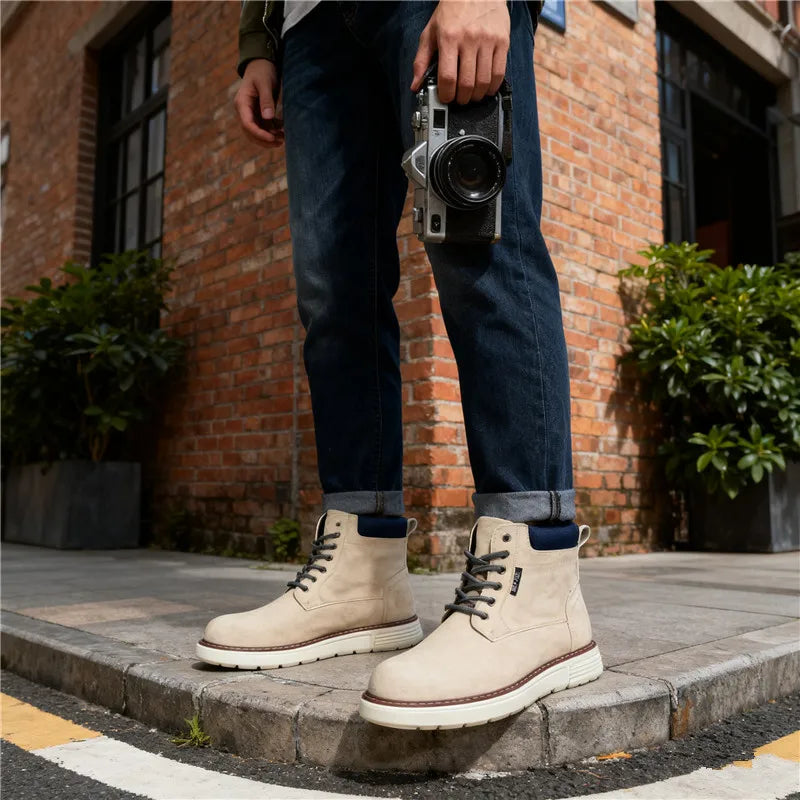 2025 Autumn Casual lace-up outdoor solid-color round-toe thick-soled men's high-top shoes