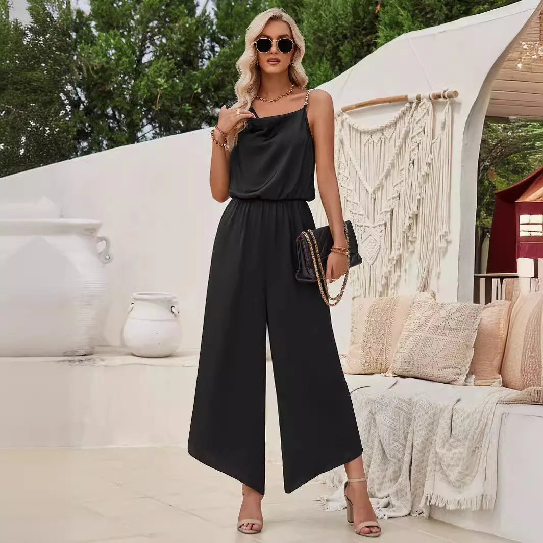 2025 Summer Women's Solid Color Suspender Waist Wide Leg Jumpsuit Elegant High Waist Solid Color Loose Ladies Long Jumpsuit