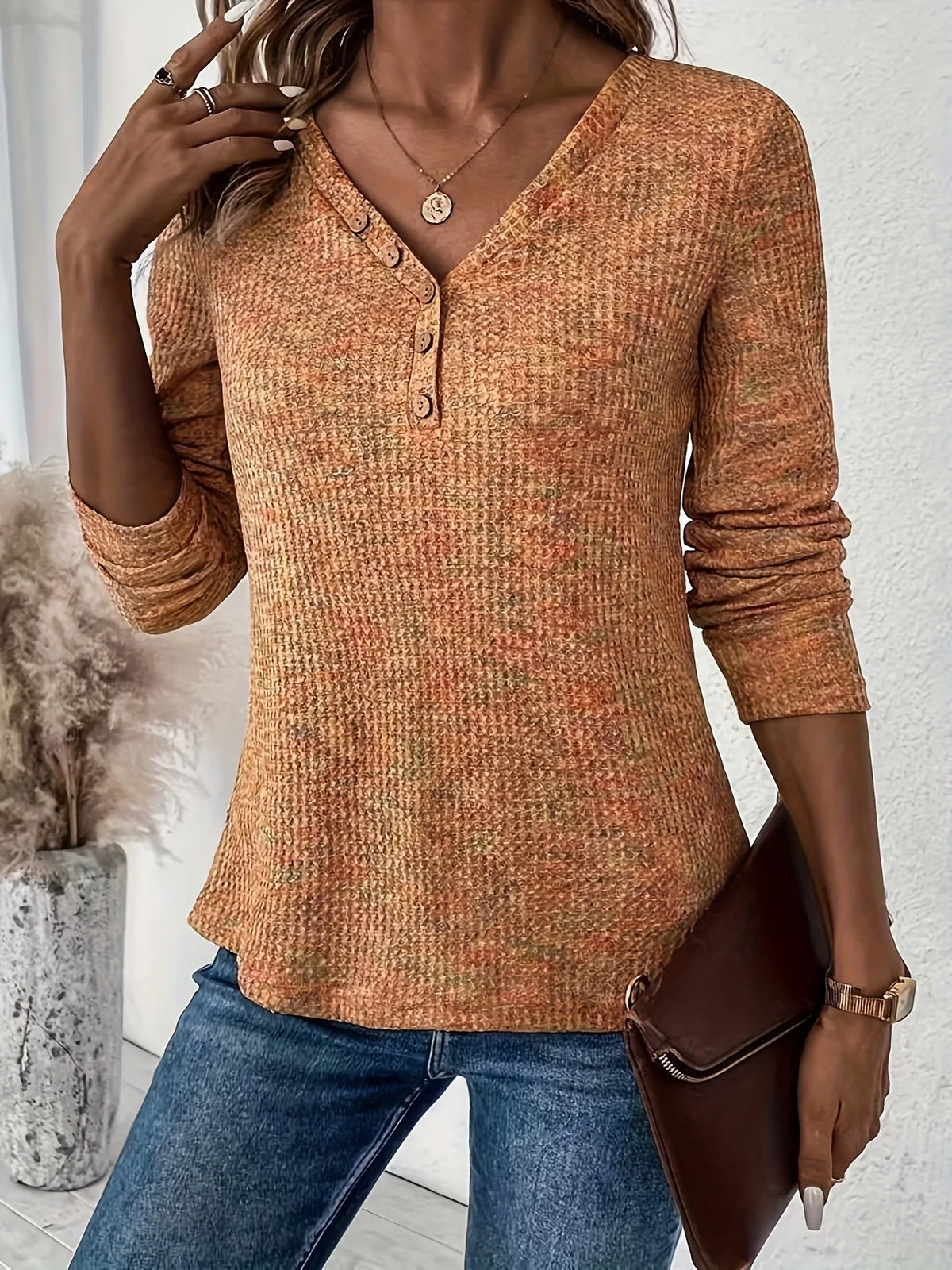 New V-neck Pullover Button-embellished Long-sleeved T-shirt Fashionable and Versatile