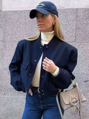 TRZA Women Fashion With Pockets Bomber Jacket Coats Vintage Long Sleeve Front Button Casual Female Outerwear Chic Tops