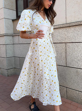 Casual Women's Summer Dresses 100% Cotton Floral Print A-line Midi Dress with Side Slits Long Elegant White Dress for Women 2025