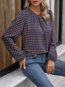 Simple and Fashionable Polka Dot Printed Shirt New Design Round Neck Puff Sleeves Chic Top
