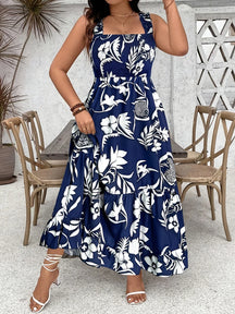 Plus Size 2025 Summer New Holiday Floral Halter Dress with Ruffle Hem and Gathered Bust Plus Size Dress Polyester
