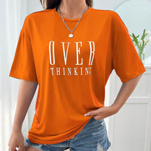 Over Thinking Letter Print Women Cotton Short Sleeve Breathable Vintage O-Neck Tops All-math Casual T-Shirts Female Tee Clothing