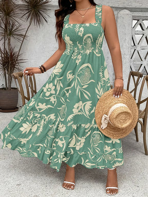 Plus Size 2025 Summer New Holiday Floral Halter Dress with Ruffle Hem and Gathered Bust Plus Size Dress Polyester
