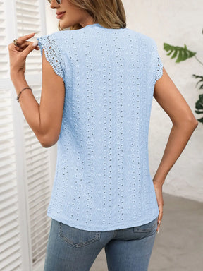 Solid Color Round Neck Short Sleeve Lace Spliced hollow T-shirt for Women