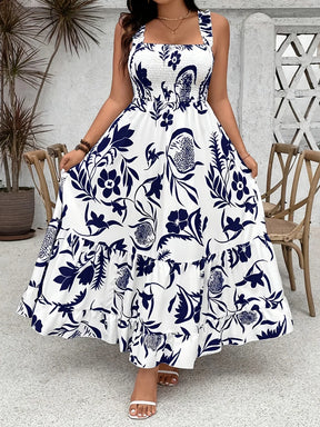 Plus Size 2025 Summer New Holiday Floral Halter Dress with Ruffle Hem and Gathered Bust Plus Size Dress Polyester