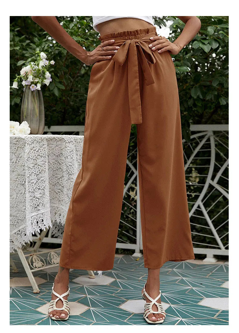 2023 New Arrival Women's Wide Leg High Waisted Cropped Trousers with Belt Female Fashion Elegant Loose Flare Ankle Pants Capris