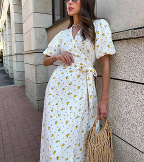 Casual Women's Summer Dresses 100% Cotton Floral Print A-line Midi Dress with Side Slits Long Elegant White Dress for Women 2025