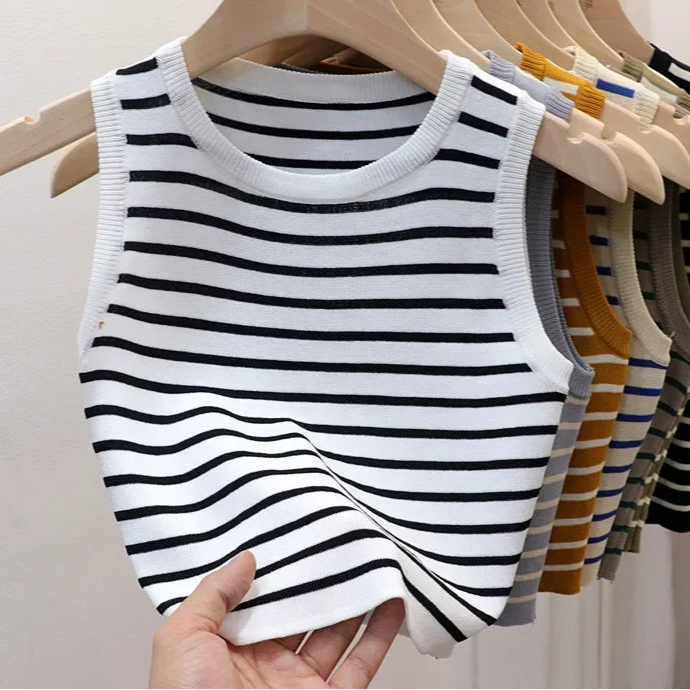 Summer Spring Striped Tank Tops Women Sleeveless Knitted T-Shirts Crop Tops Female Elastic Slim Casual Vests Pullover Camis
