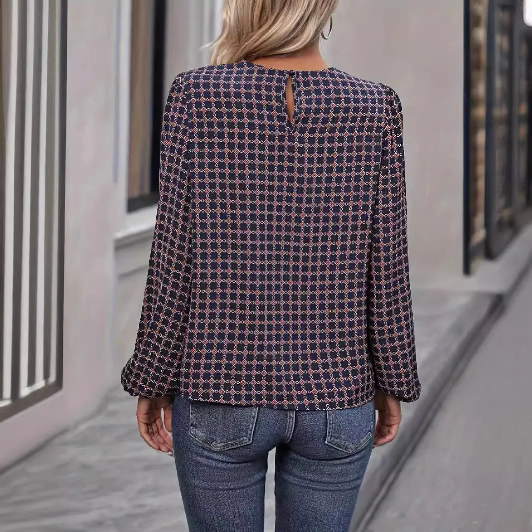 Simple and Fashionable Polka Dot Printed Shirt New Design Round Neck Puff Sleeves Chic Top