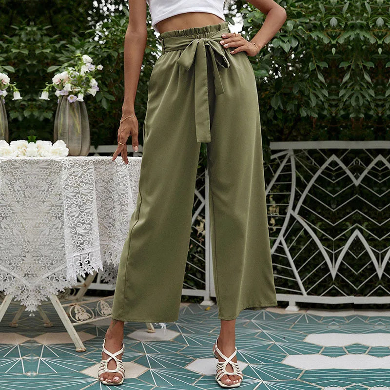 2023 New Arrival Women's Wide Leg High Waisted Cropped Trousers with Belt Female Fashion Elegant Loose Flare Ankle Pants Capris