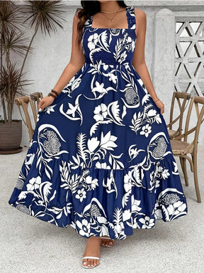 Plus Size 2025 Summer New Holiday Floral Halter Dress with Ruffle Hem and Gathered Bust Plus Size Dress Polyester
