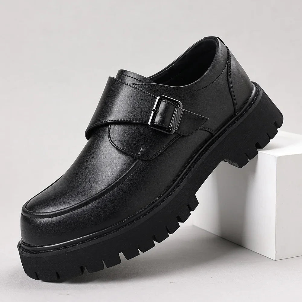 Men's Large Size Thick Bottom Heightening Leather Shoes Fashion Buckle British Style Suit Shoes round Head Selectively