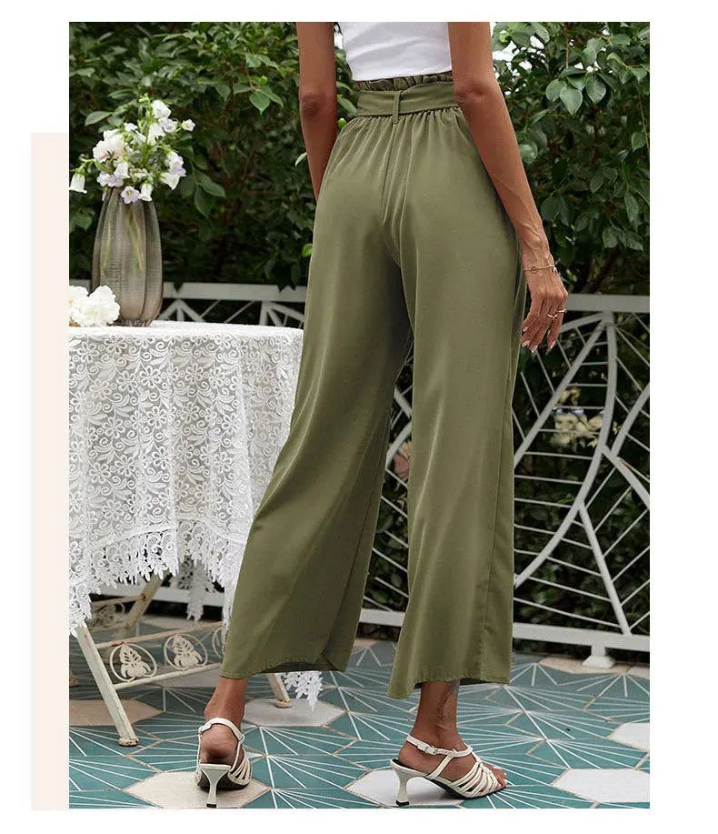 2023 New Arrival Women's Wide Leg High Waisted Cropped Trousers with Belt Female Fashion Elegant Loose Flare Ankle Pants Capris