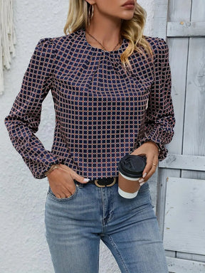 Simple and Fashionable Polka Dot Printed Shirt New Design Round Neck Puff Sleeves Chic Top
