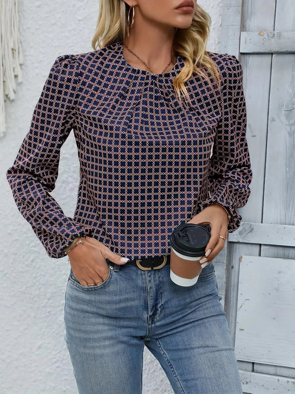 Simple and Fashionable Polka Dot Printed Shirt New Design Round Neck Puff Sleeves Chic Top