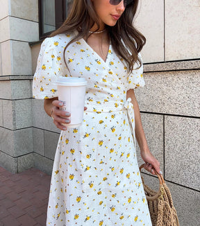 Casual Women's Summer Dresses 100% Cotton Floral Print A-line Midi Dress with Side Slits Long Elegant White Dress for Women 2025
