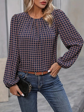 Simple and Fashionable Polka Dot Printed Shirt New Design Round Neck Puff Sleeves Chic Top